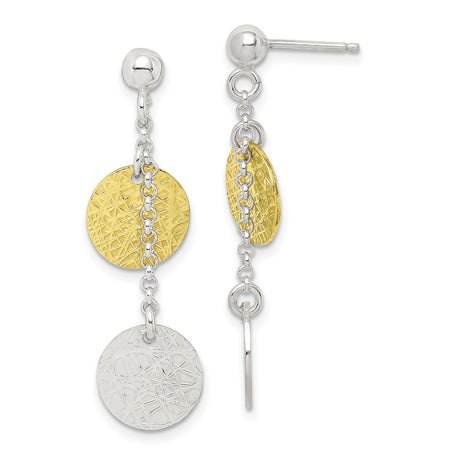 Sterling Silver Dangle Earrings with Textured Round Disc Charms, Two Tone Abstract Design