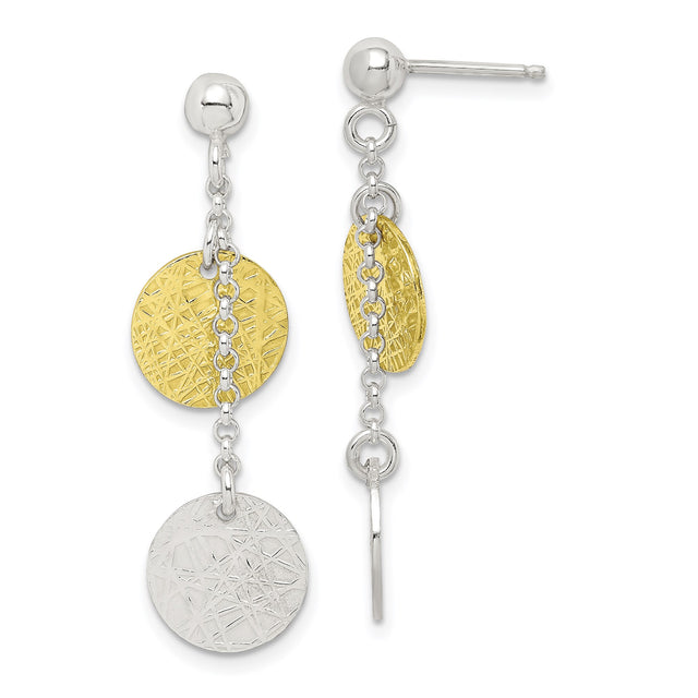 Sterling Silver Dangle Earrings with Textured Round Disc Charms, Two Tone Abstract Design