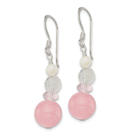 Sterling Silver Dangle Earrings with Mother of Pearl and Jade, Minimalist Drop Style for Women