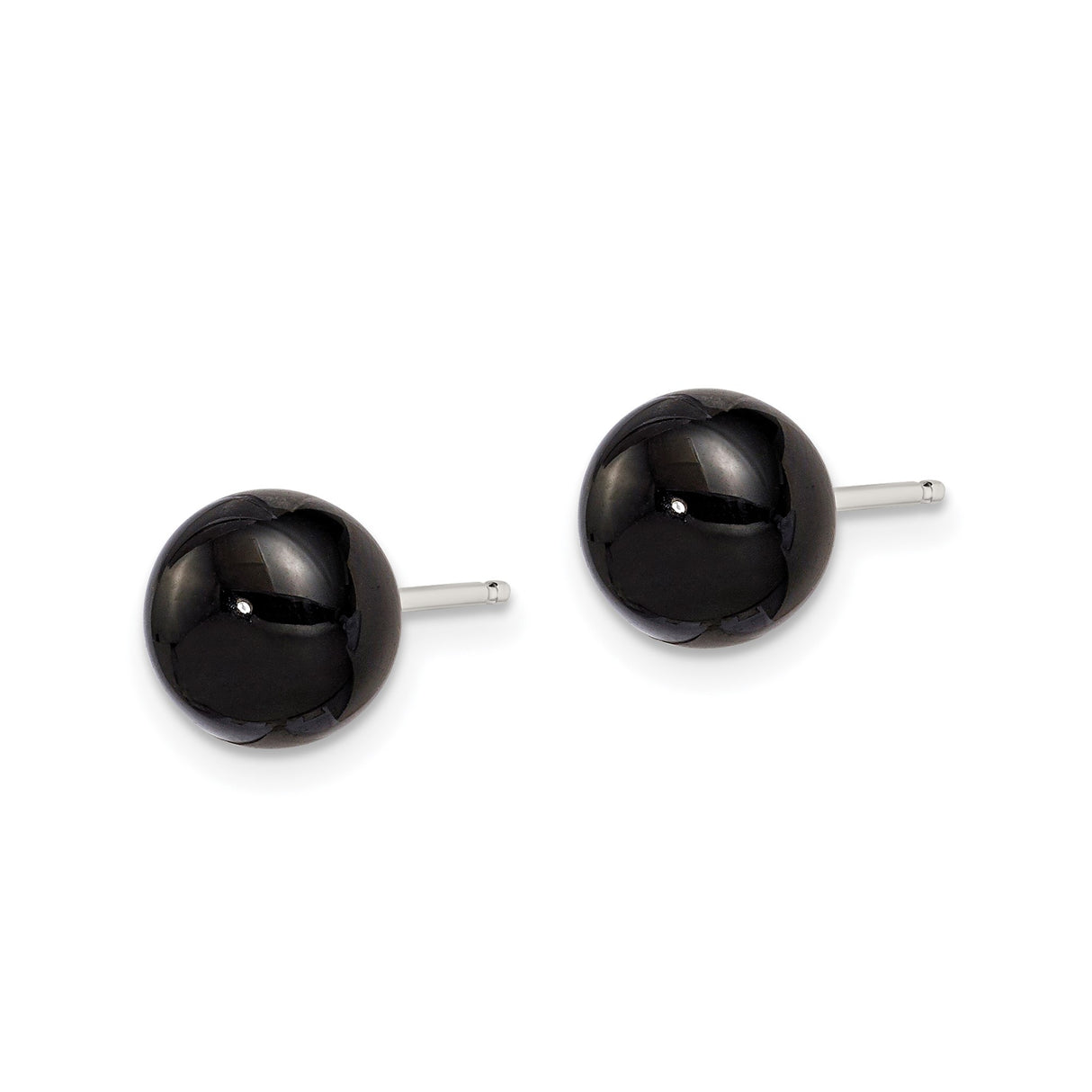 Sterling Silver Stud Earrings with Black Agate, Round Cabochon, Minimalist Design for Women