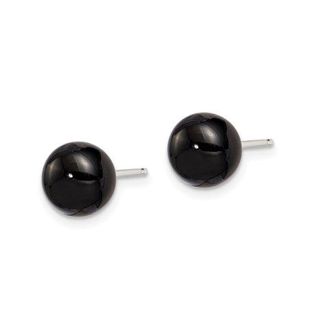 Sterling Silver Stud Earrings with Black Agate, Round Cabochon, Minimalist Design for Women