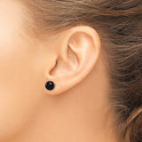 Sterling Silver Stud Earrings with Black Agate, Round Cabochon, Minimalist Design for Women