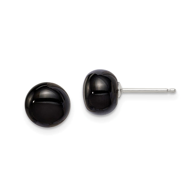 Sterling Silver Stud Earrings with Black Agate, Round Cabochon, Minimalist Design for Women