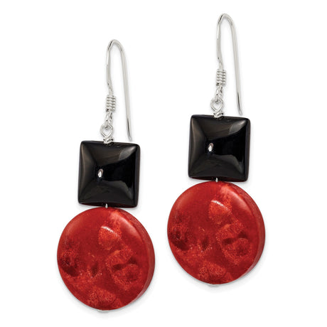 Sterling Silver Dangle Earrings with Agate and Coral, Geometric Boho Drop Style for Women