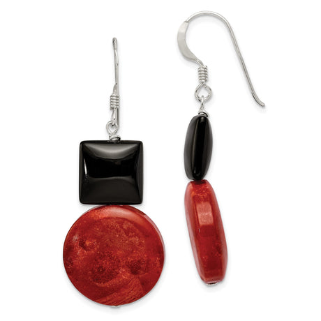 Sterling Silver Dangle Earrings with Agate and Coral, Geometric Boho Drop Style for Women