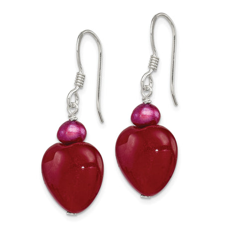 Sterling Silver Dangle Earrings with Jade, Pearl, Red Heart Beads and Romantic Pink Accents