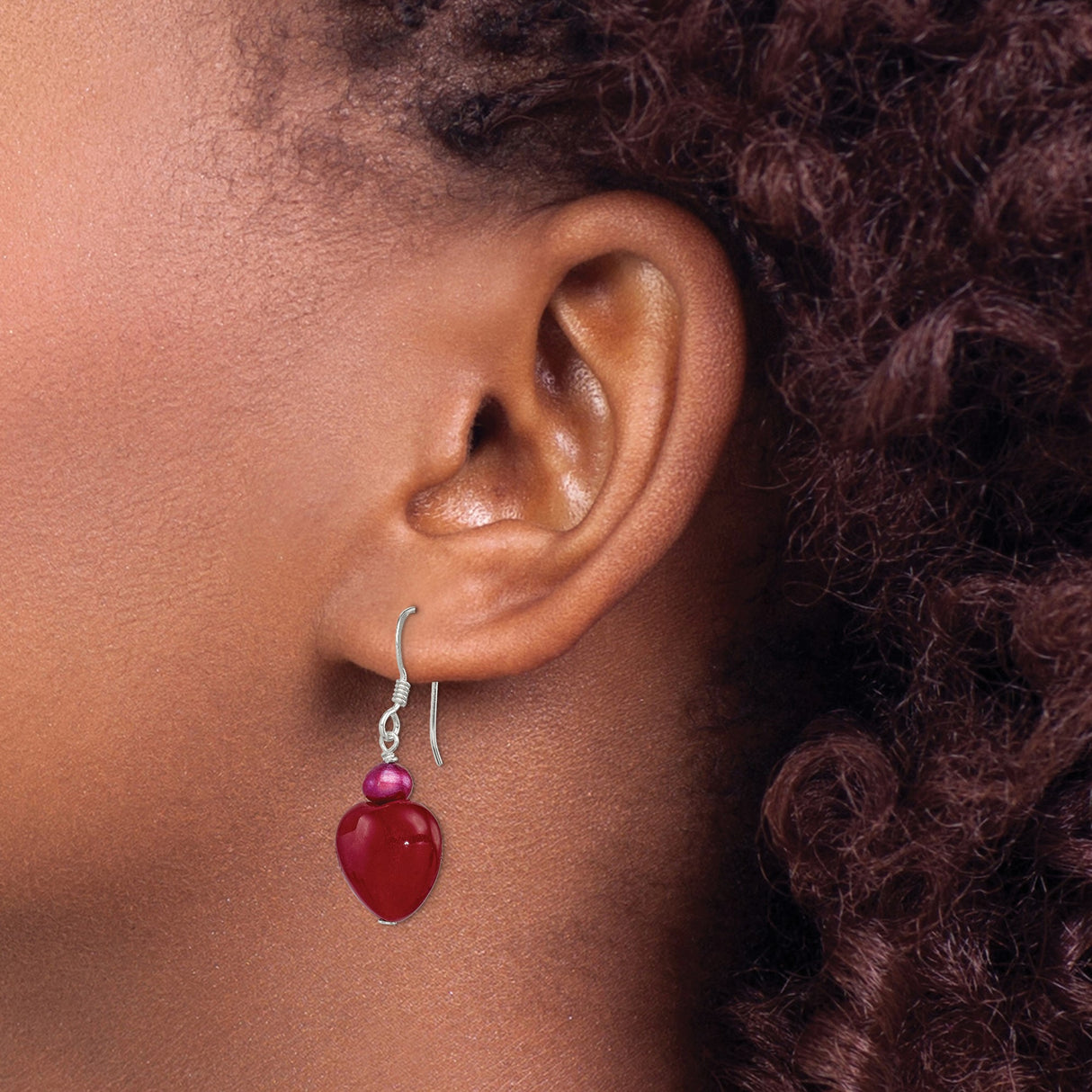 Sterling Silver Dangle Earrings with Jade, Pearl, Red Heart Beads and Romantic Pink Accents