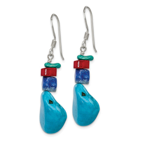 Sterling Silver Dangle Earrings with Coral and Howlite, Tribal Boho Southwestern Style