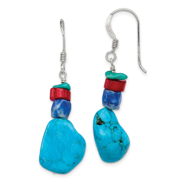 Sterling Silver Dangle Earrings with Coral and Howlite, Tribal Boho Southwestern Style
