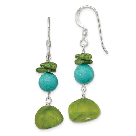 Sterling Silver Dangle Earrings with Jade and Coral, Handmade Boho Style Jewelry for Women