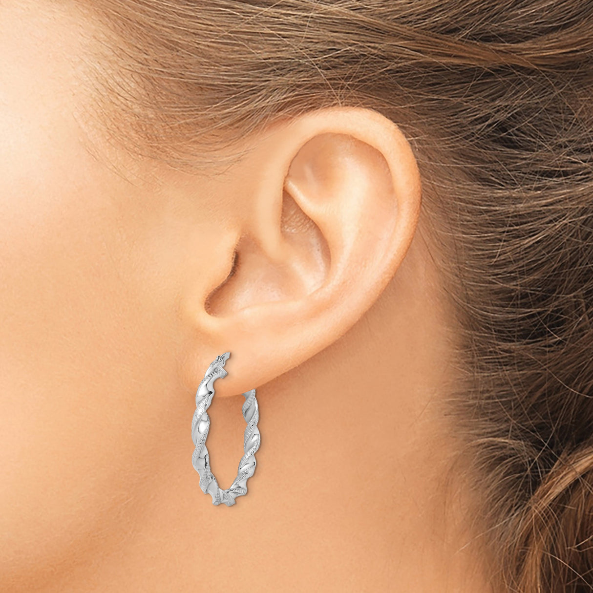 Sterling Silver Twisted Hoop Earrings with Rhodium Plating and Diamond-Cut Texture