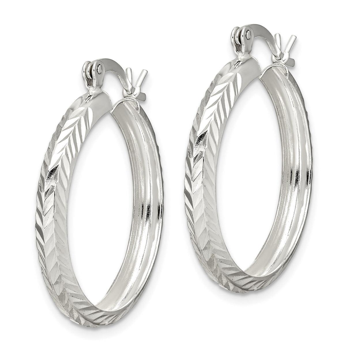 Sterling Silver Hoop Earrings, Textured Chevron Pattern with Diamond Cut Finish, Hinged Closure
