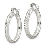 Sterling Silver Hoop Earrings, Textured Chevron Pattern with Diamond Cut Finish, Hinged Closure