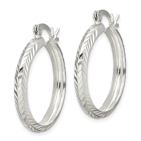 Sterling Silver Hoop Earrings, Textured Chevron Pattern with Diamond Cut Finish, Hinged Closure