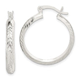 Sterling Silver Hoop Earrings, Textured Chevron Pattern with Diamond Cut Finish, Hinged Closure