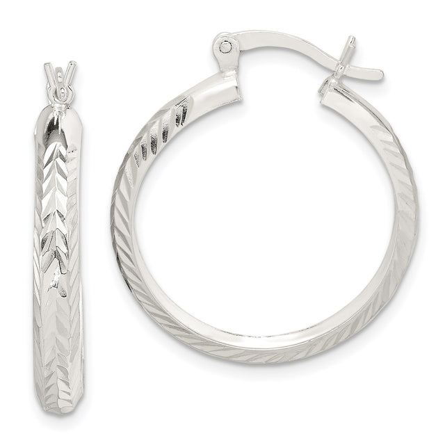 Sterling Silver Hoop Earrings, Textured Chevron Pattern with Diamond Cut Finish, Hinged Closure