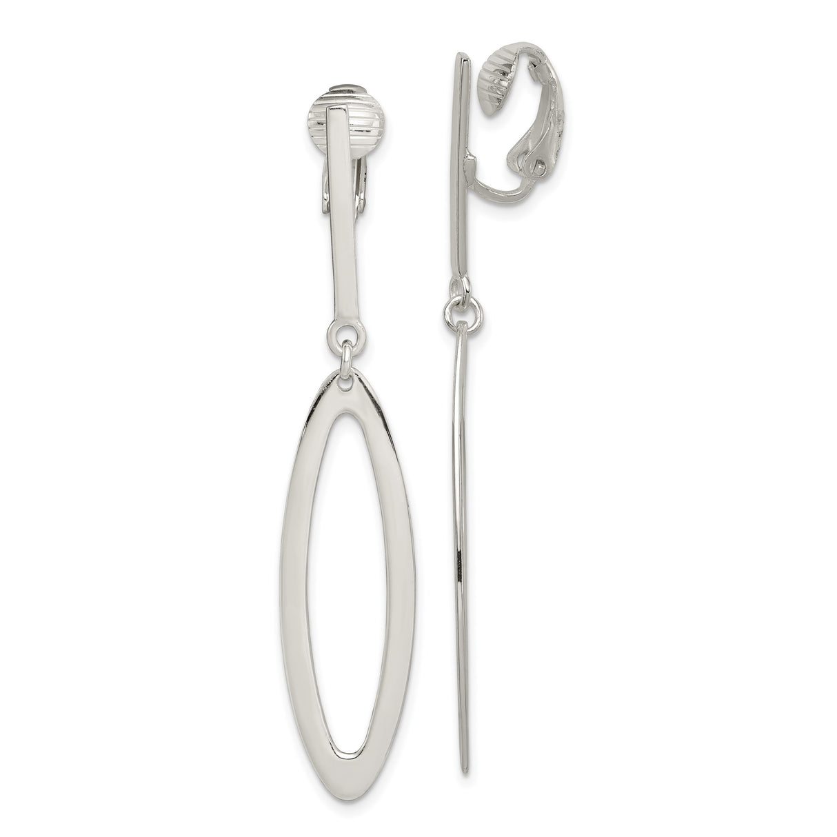 Sterling Silver Clip On Elongated Oval Dangle Earrings for Women with Open Design, Sleek Minimalist Style, Nonpierced Modern Ear Clips, Lightweight Fashion Jewelry for Everyday or Formal Wear