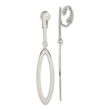 Sterling Silver Clip On Elongated Oval Dangle Earrings for Women with Open Design, Sleek Minimalist Style, Nonpierced Modern Ear Clips, Lightweight Fashion Jewelry for Everyday or Formal Wear