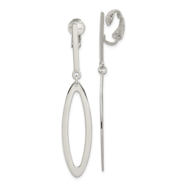 Sterling Silver Clip On Elongated Oval Dangle Earrings for Women with Open Design, Sleek Minimalist Style, Nonpierced Modern Ear Clips, Lightweight Fashion Jewelry for Everyday or Formal Wear