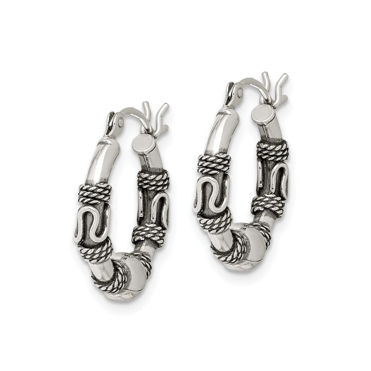 Sterling Silver Hoop Earrings with Rope Detail and Oxidized Swirl Design, Bali Tribal Style