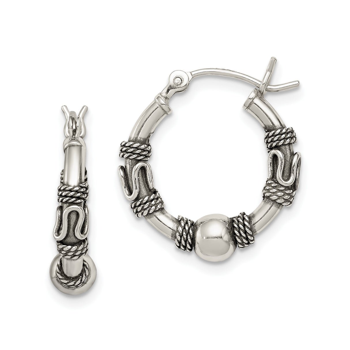 Sterling Silver Hoop Earrings with Rope Detail and Oxidized Swirl Design, Bali Tribal Style