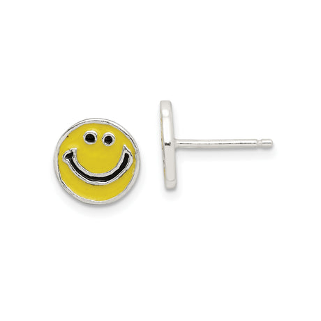 Sterling Silver Smiley Face Stud Earrings with Yellow Enamel, Retro Style for Women or Teens