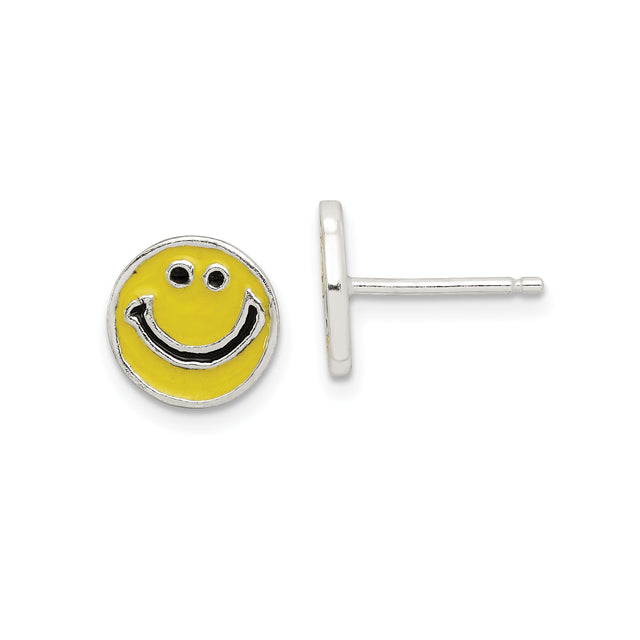 Sterling Silver Smiley Face Stud Earrings with Yellow Enamel, Retro Style for Women or Teens