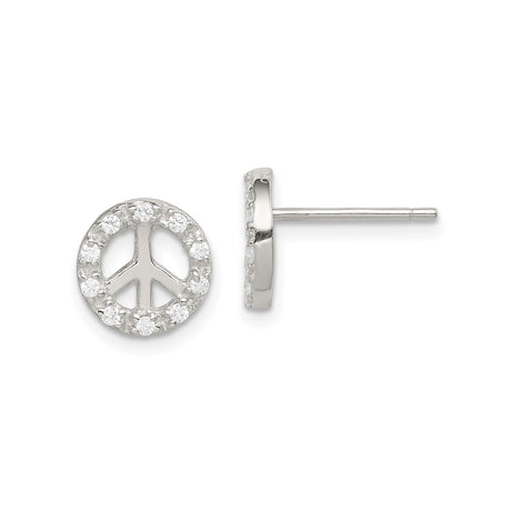 Sterling Silver Peace Symbol Earrings with Cubic Zirconia, Boho Spiritual Circle Studs for Women