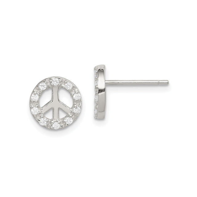 Sterling Silver Peace Symbol Earrings with Cubic Zirconia, Boho Spiritual Circle Studs for Women
