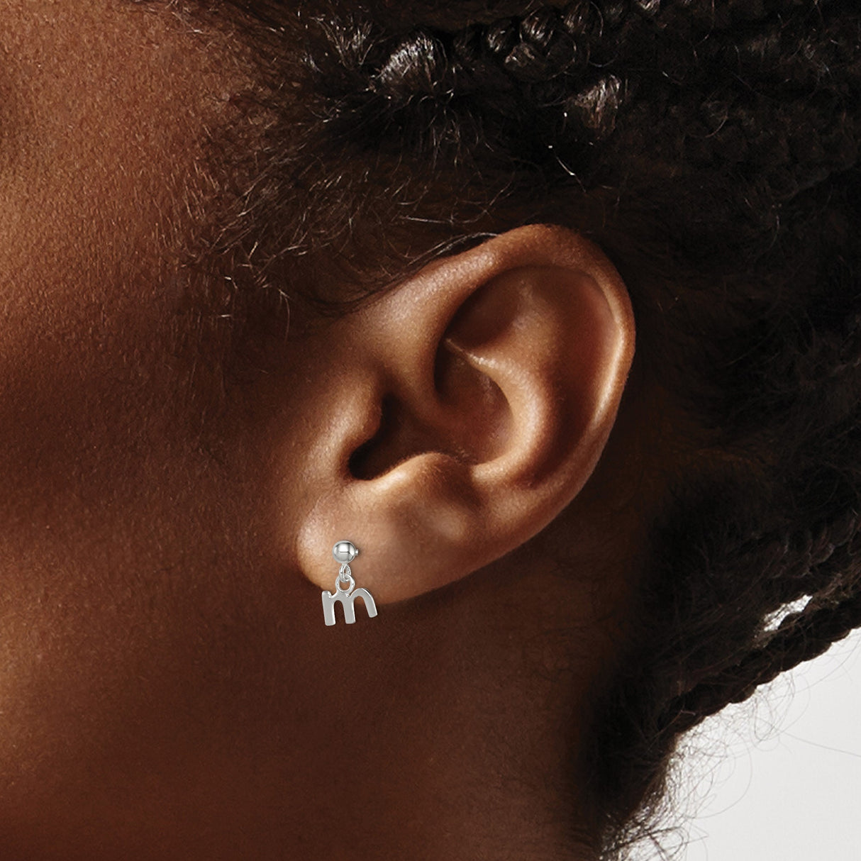 Sterling Silver Initial Stud Earrings with Dangling Lowercase M Charm, Minimalist Monogram Style