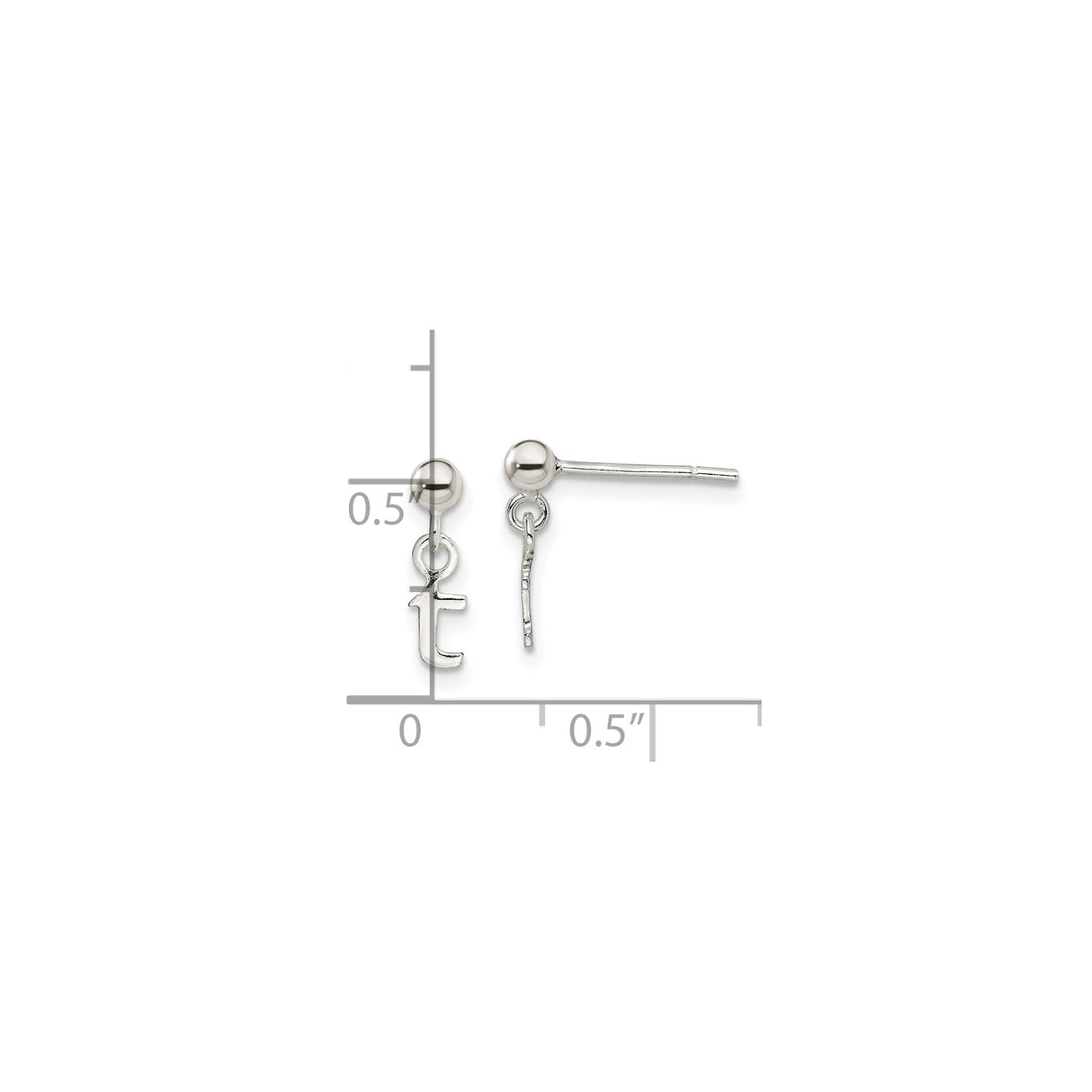 Sterling Silver Stud Earrings with Dangling Lowercase T Initial Charm
