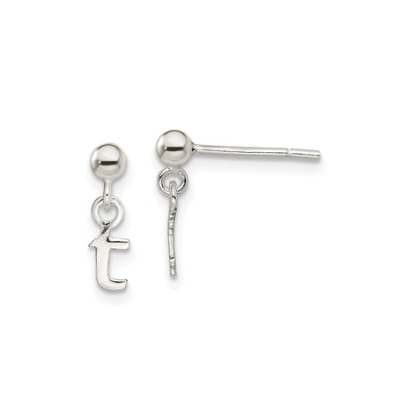 Sterling Silver Stud Earrings with Dangling Lowercase T Charm, Custom Letter Earrings for Women or Teens, Dainty Monogram Jewelry, Simple Post Design, Lightweight Alphabet Initial Studs