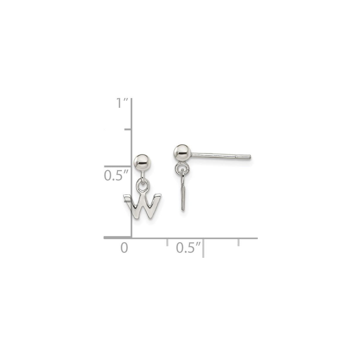 Sterling Silver Letter W Dangle Stud Earrings with Polished Ball Charm, Minimalist Alphabet Design