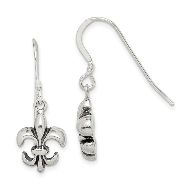 Sterling Silver Dangle Earrings with Fleur De Lis French Heritage Design for Women