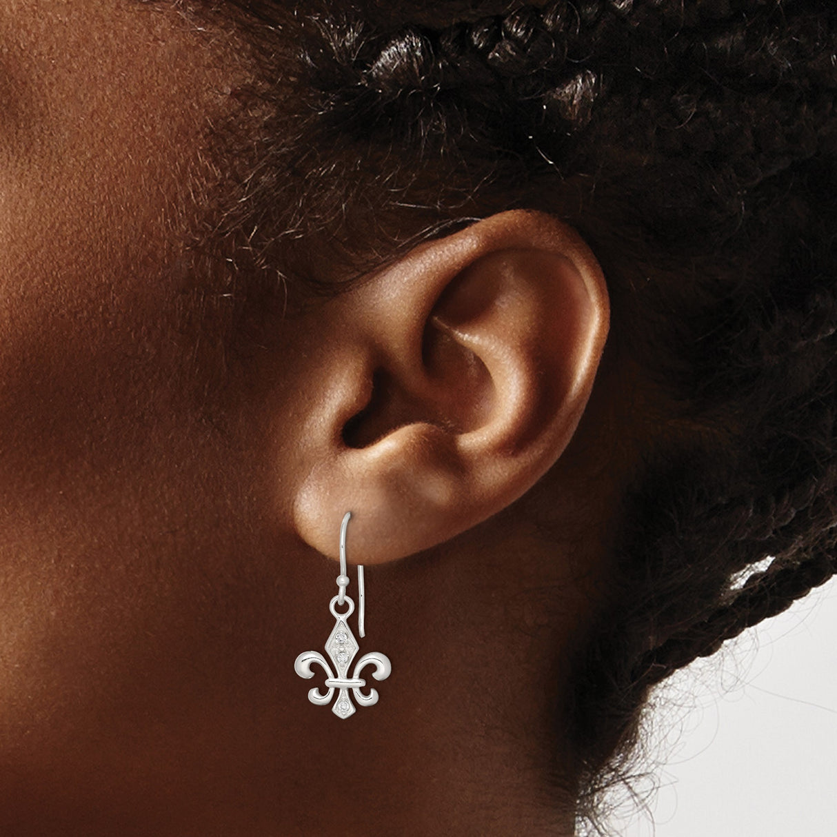 Sterling Silver Fleur de Lis Dangle Earrings with Cubic Zirconia Accents