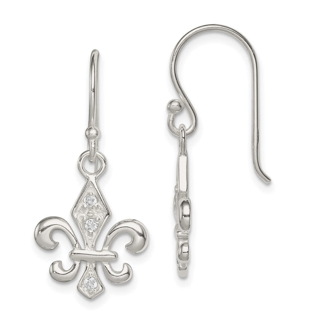 Sterling Silver Fleur de Lis Dangle Earrings with Cubic Zirconia Accents