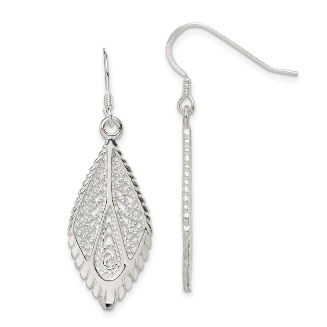 Sterling Silver Leaf Filigree Dangle Earrings, Lightweight Teardrop Boho Design for Women