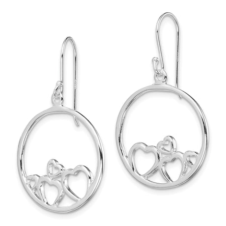 Sterling Silver Dangle Earrings with Open Circle and Five Interlocking Hearts Design