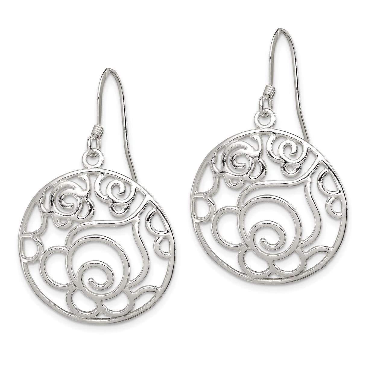 Sterling Silver Dangle Earrings with Openwork Circle and Romantic Rose Design