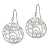 Sterling Silver Dangle Earrings with Openwork Circle and Romantic Rose Design