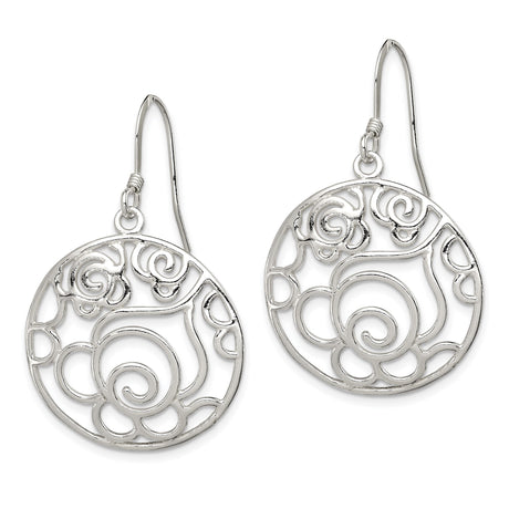 Sterling Silver Dangle Earrings with Openwork Circle and Romantic Rose Design