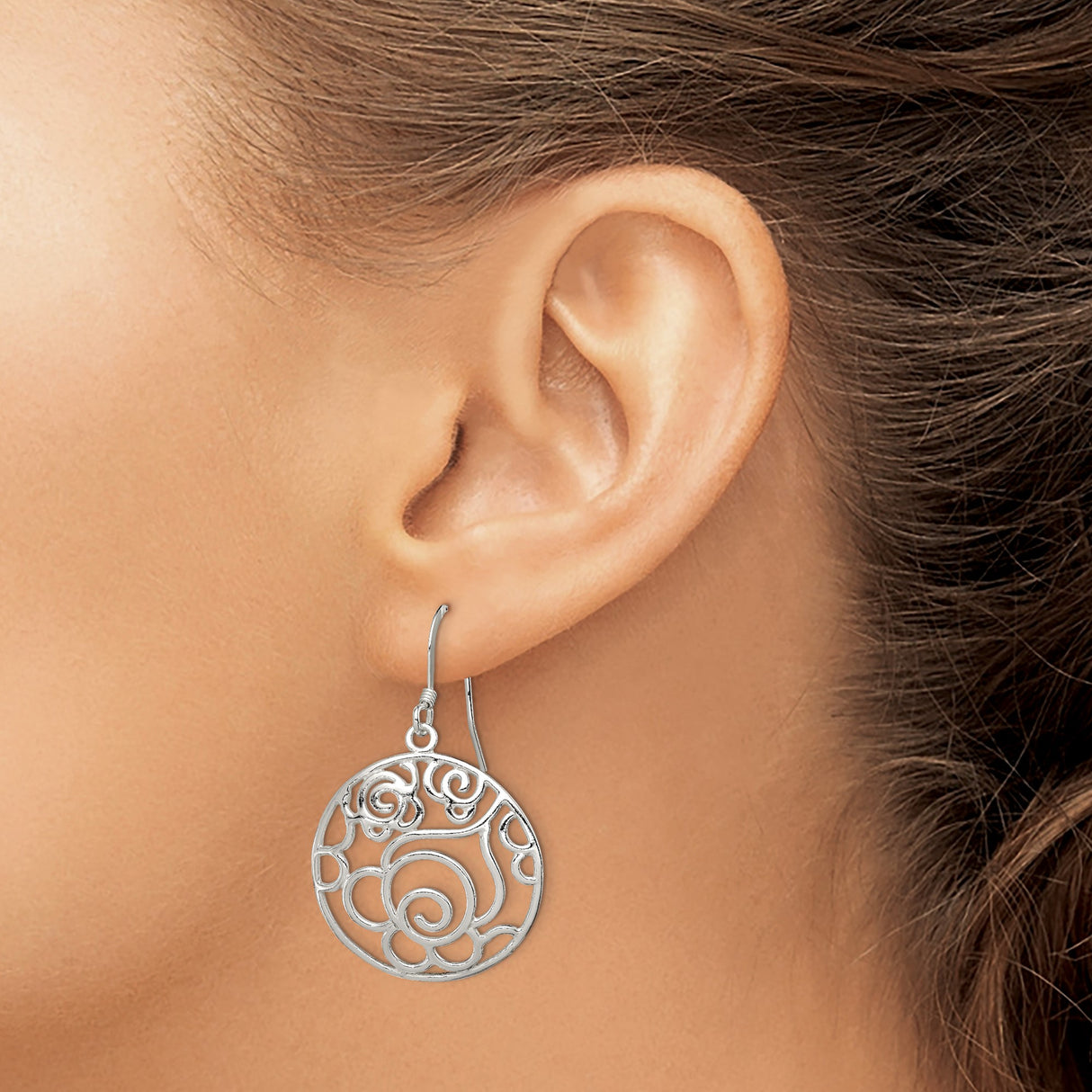 Sterling Silver Dangle Earrings with Openwork Circle and Romantic Rose Design