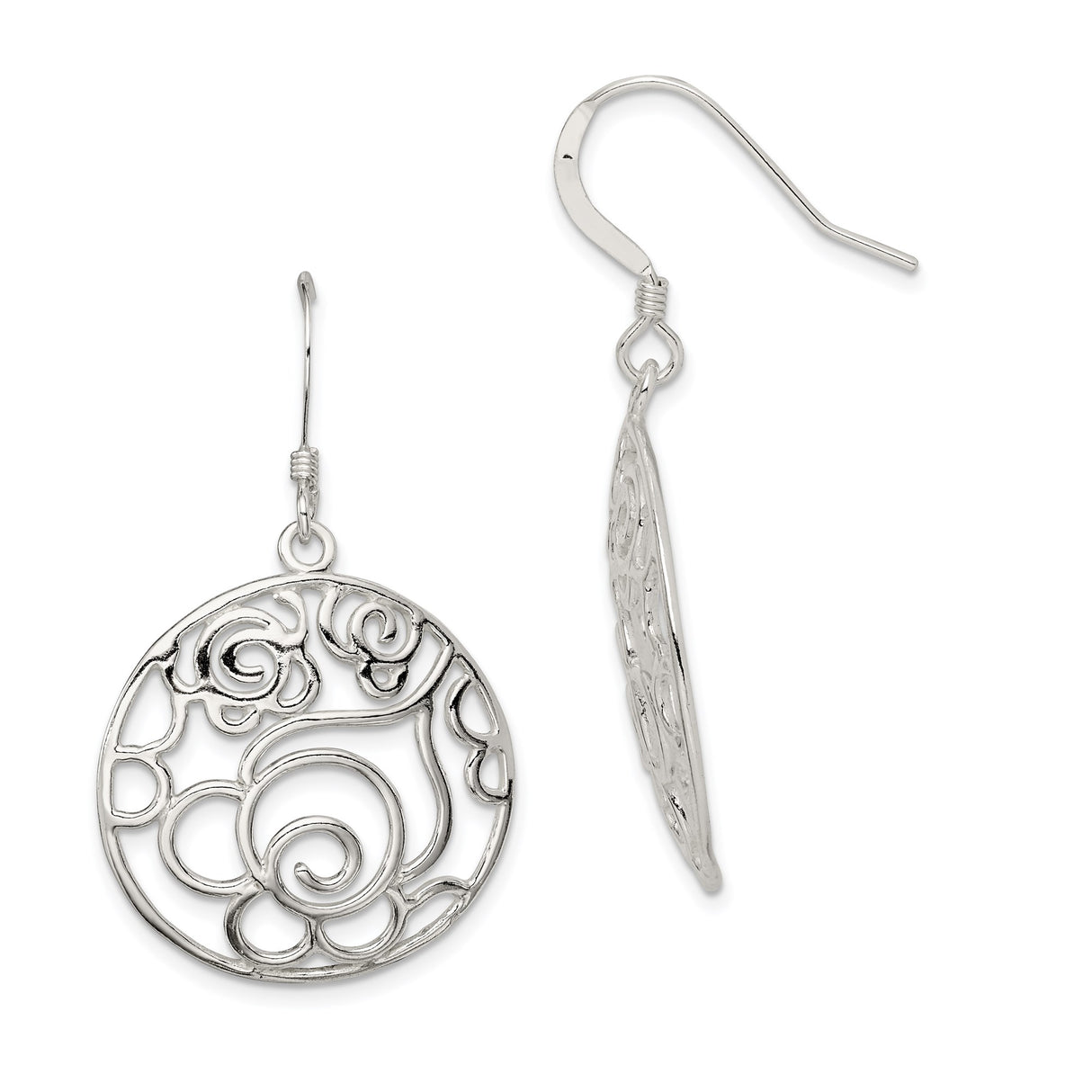 Sterling Silver Dangle Earrings with Openwork Circle and Romantic Rose Design