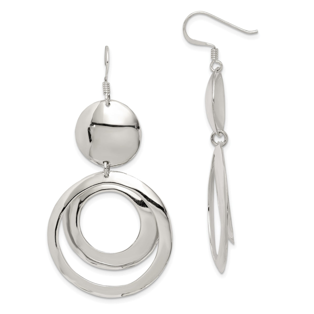 Sterling Silver Dangle Earrings with Open Circles and Disc Design, Modern Minimalist Style