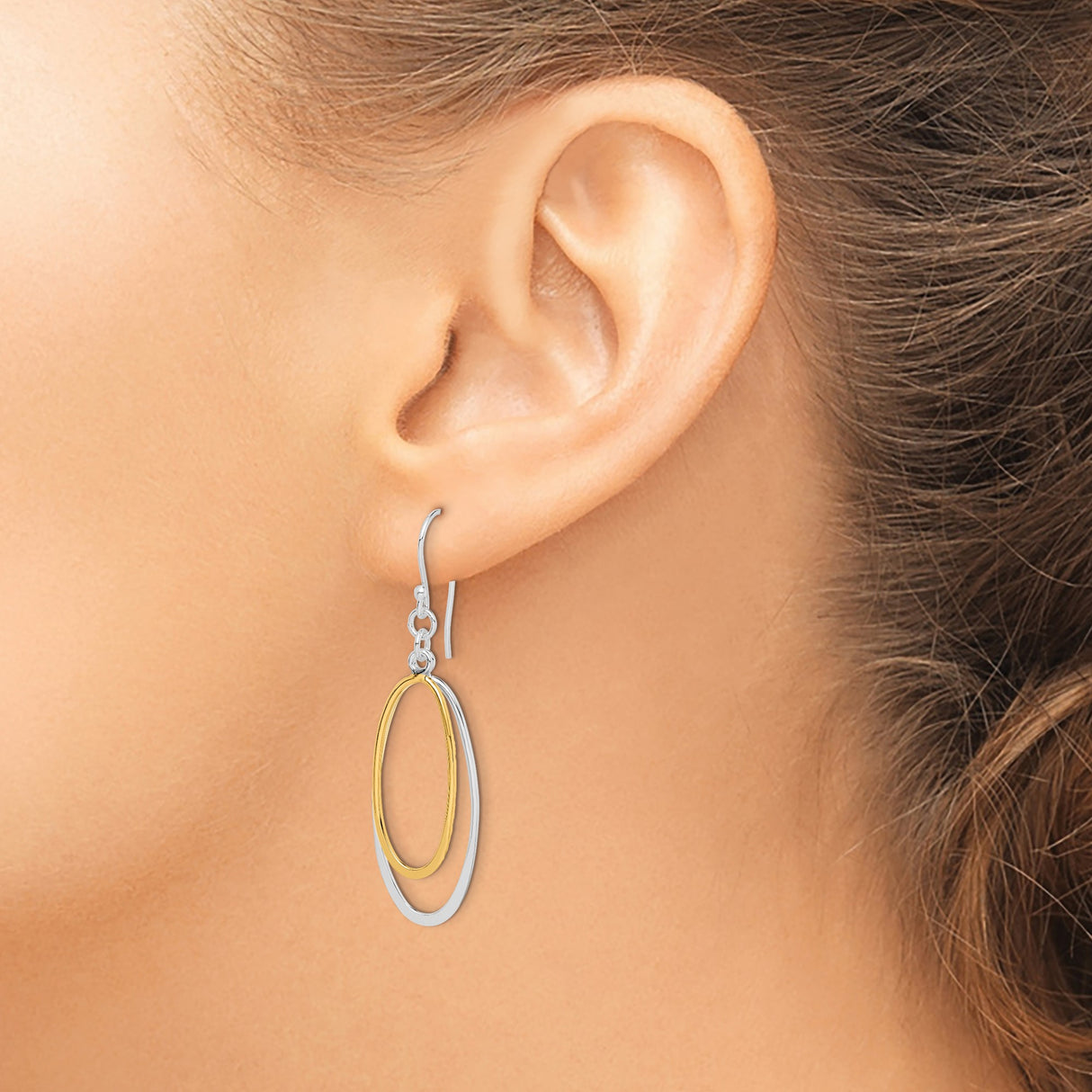 Sterling Silver Dangle Earrings with Dual Oval Loops in Mixed Metal Tones, Modern Minimalist Design