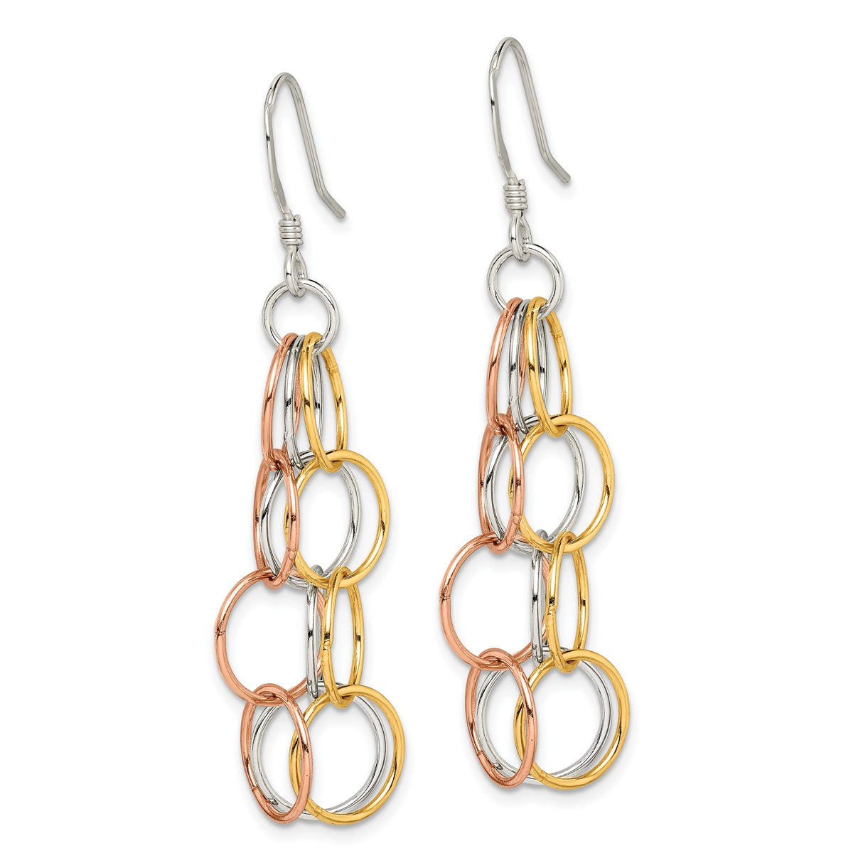 Sterling Silver Dangle Earrings with Interlocking Tri-Color Circles, Chandelier Drop Design