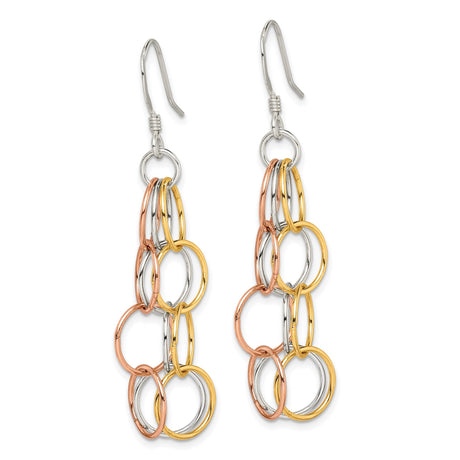 Sterling Silver Dangle Earrings with Interlocking Tri-Color Circles, Chandelier Drop Design