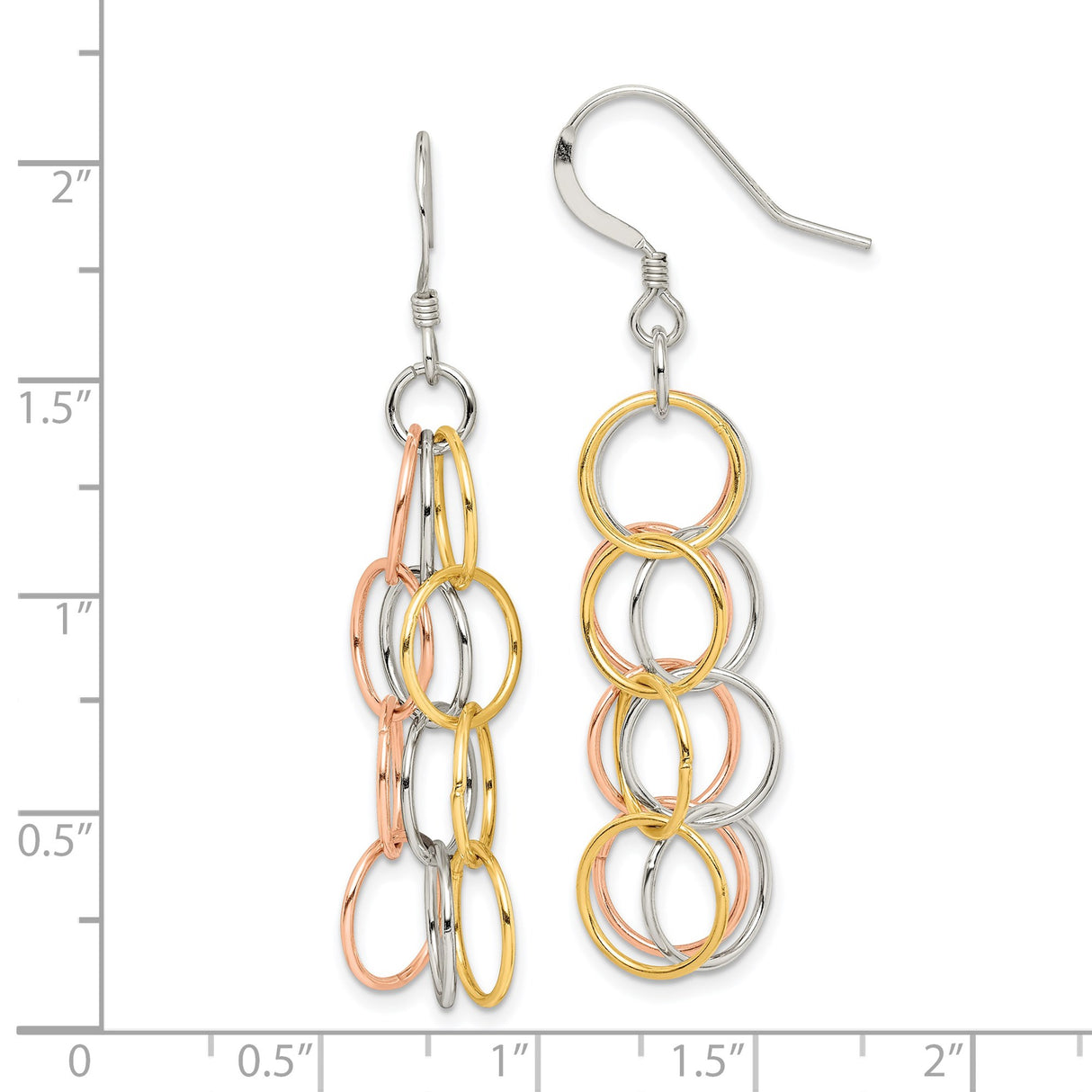 Sterling Silver Dangle Earrings with Interlocking Tri-Color Circles, Chandelier Drop Design