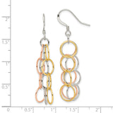 Sterling Silver Dangle Earrings with Interlocking Tri-Color Circles, Chandelier Drop Design