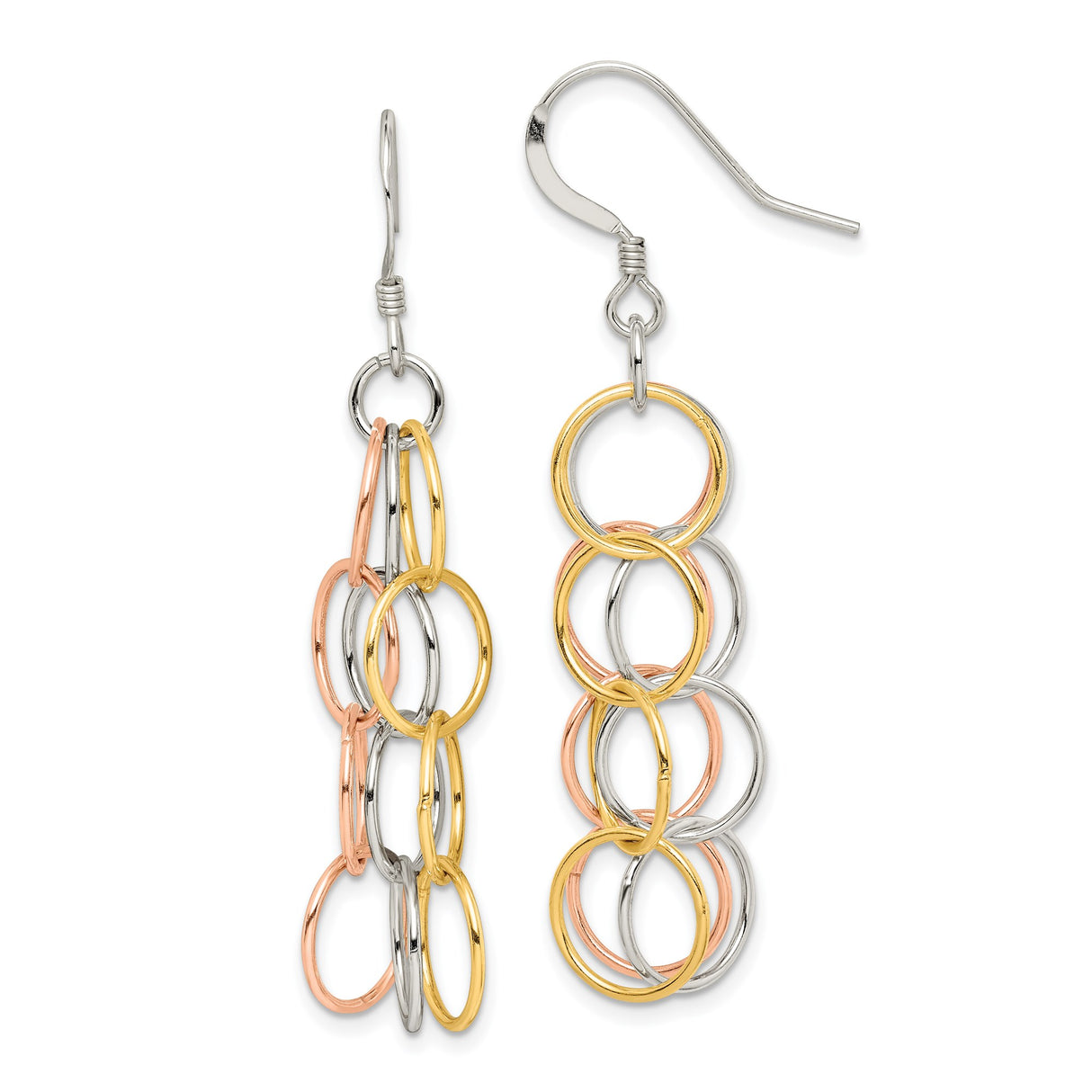 Sterling Silver Dangle Earrings with Interlocking Tri-Color Circles, Chandelier Drop Design
